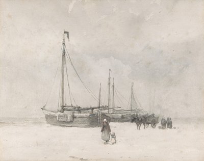 Kalastusveneet rannalla talvella, 1800-luvun puolivälistä loppupuolelle. tekijältä Anton Mauve