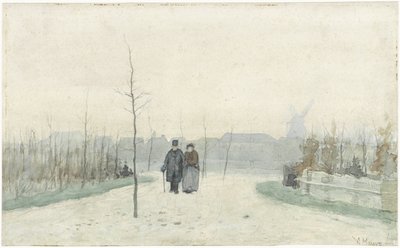 Vanha pariskunta hiljattain maisemoidussa puistossa tekijältä Anton Mauve
