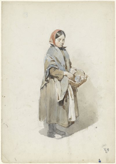 Seisova nainen huivi ja kori tekijältä Anton Mauve