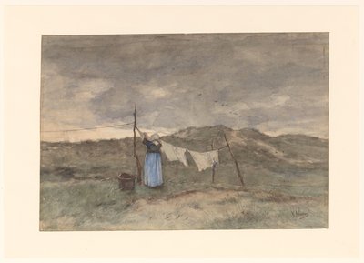 Nainen pesulinjalla dyynillä tekijältä Anton Mauve