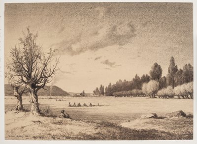 Avoin maisema, jossa on metsää kaukana. Burgundia tekijältä Anton Melbye