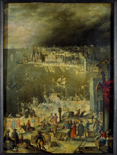 Merisataman näkymä Kaupallisen toiminnan esittely, tavaroiden purkaminen, liiketoimet sataman telakoilla. Anton Mozartille (1573-1625) kuuluva maalaus, su. 0,3x0,22 m Pariisi, Louvre-museo tekijältä Anton Mozart