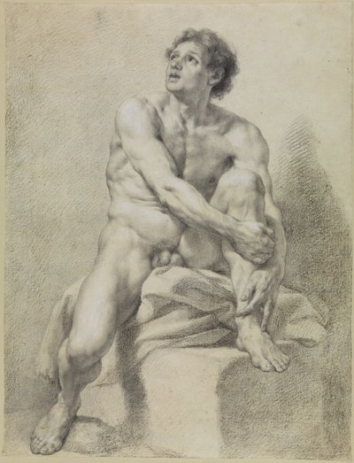 Istuva miesalaston, suunnilleen edestä katsottuna, vasen jalka ylhäällä ja molemmilla käsillä tuettuna tekijältä Anton Raphael Mengs