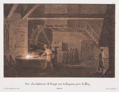 Belgian Huyn lähellä sijaitsevan pajan sisäpuoli, kaiverrus Jean-Baptiste Jobard (1792-1861) (sävytetty litho) tekijältä Anton de after Howen