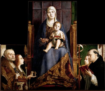 San Cassianon alttaritaulu: "" Neitsyt ja lapsi pyhien Nikolai Myralainen tai Barilainen (270-345), Maria Magdalena, Pyhä Ursula ja Pyhä Dominica ympäröimänä"" Antonello da Messinan (n. 1430-1479) puumaalaus 1475- 1476 Wienin taidehistoriallinen museo tekijältä Antonello da Messina
