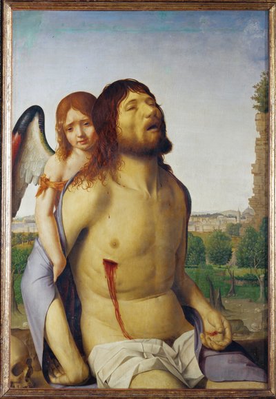 Kuollut Kristus enkelin tukemana (maalaus puulle) tekijältä Antonello da Messina