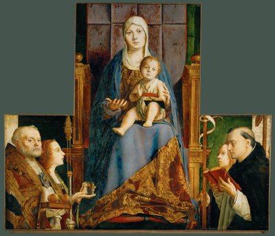 Pyhä Maria ja lapsi sekä pyhimykset Nikolai Barilainen, Anastasia, Ursula, Dominicus ja Helena. tekijältä Antonello da Messina