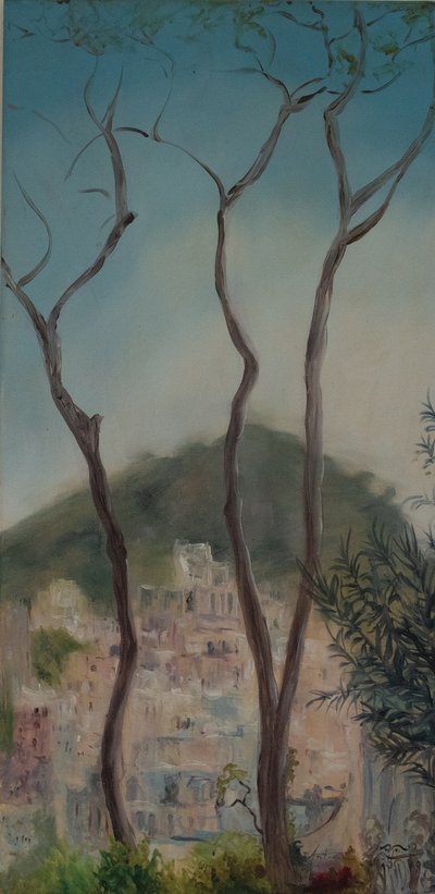 Italian puut, Amalfin rannikko, 2018 (öljy kankaalle) tekijältä Antonia Myatt