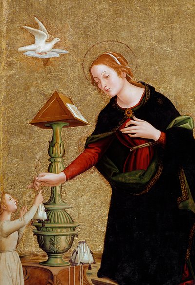 Yksityiskohta Neitsyt, Marian ilmestymisestä kardinaali Juan de Torquemadan kanssa (maalaus, n. 1460) tekijältä Antoniazzo Romano