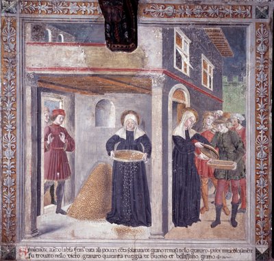 Pyhän Francesca Romanan elämä: vakavan nälänhädän aikana vuonna 1402 Francesca antaa kaiken viljansa köyhille (Fresco tekijältä Antoniazzo Romano