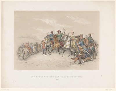 Utrechtin naamiaiset 1851: Hovielämää vuonna 1296 Kreivin ajan hovielämää. 1296 (otsikko esineessä) Kansallinen historia. varhaisimmista ajoista 1600-luvun loppuun, kahdeksassa kohtauksessa, H.H. Dtudente tekijältä Antonie Johannes Groeneveldt