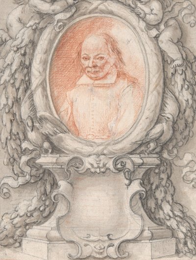 Soikea muotokuva miehestä hienostuneessa kehyksessä cartouchella, n. 1724. tekijältä Antonino Grano