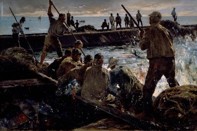 Tonnikalan teurastus, Antonino Leton (1844-1913) maalaus, öljy kankaalle, 41x62 cm tekijältä Antonino Leto