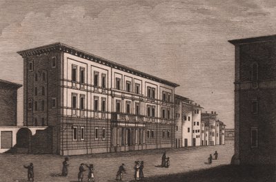 Näkymä piispanpalatsista Pistoiassa, Toscanassa, Italiassa, Antonio Morghenin (1788-1853) kuparikaiverrus, noin 13x9,5 cm tekijältä Antonio (1788 1853) Morghen