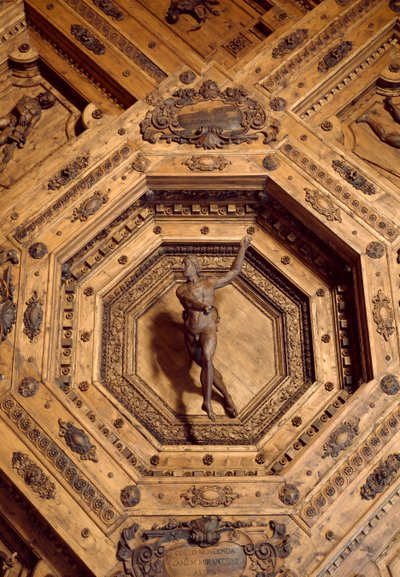 Apollo, lääkkeen suojelija. Yksityiskohta anatomisen teatterin puisesta katosta tekijältä Antonio (d.1663) Paolucci