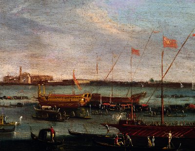 Bucentaur (Venetsian dogien osavaltion keittiö) Venetsian Lidossa, öljy kankaalle, Canaletton koulu, Italia tekijältä Antonio (studio of) Canaletto