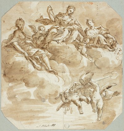 Maria taivaan kuningattarena tai pyhän Apotheosis of Saint tekijältä Antonio Balestra