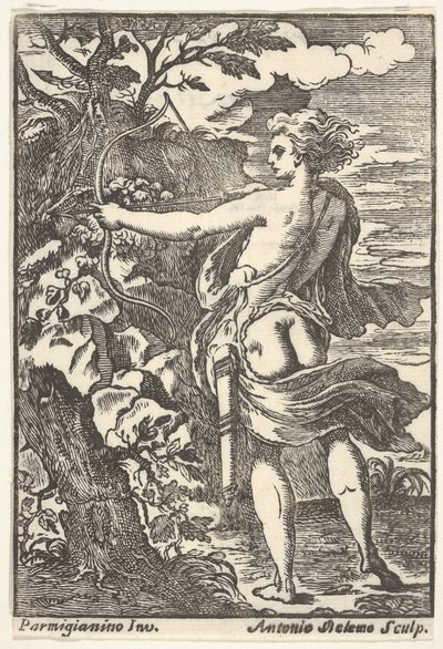 Callisto metsästää vedetyllä jousella, Parmigianinon jälkeen, 1720-1740. tekijältä Antonio Belemo