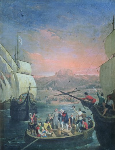 Santa Marian, Pintan ja Ninan lähtö Paloksesta vuonna 1492 (öljy kankaalle) tekijältä Antonio Cabral Bejarano
