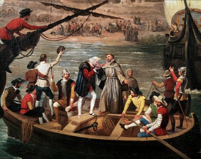 Santa Marian, Pintan ja Ninan lähtö Paloksesta vuonna 1492 - Kristoffer Kolumbuksen (1451-1506) kolmen karavellin lähtö Paloksesta 3.8.1492, yksityiskohta. Antonio Cabralin ja Bejaranon (1798-1861) maalaus. Rajan tikut. Rabida tekijältä Antonio Cabral Bejarano