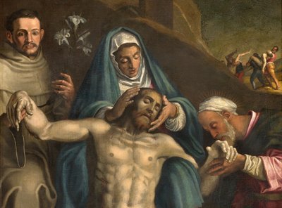 Pohjoinen risteys, laskeumaalttari, Kristuksen laskeuma, jota tukevat neitsyt ja pyhät Raymond ja Anthony Padovalainen, Antonio Campi 1566, yksityiskohtainen alttaritaulu tekijältä Antonio Campi