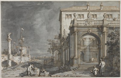 Capriccio: Palatsi sisäpihalla laguunin rannalla tekijältä Antonio Canaletto