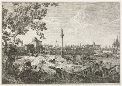 Panoraama kaupunkiin joella. tekijältä Giovanni Antonio Canal