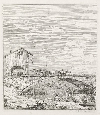 Näkymät: vaunu, joka kulkee sillan yli, 1735-1746. tekijältä Giovanni Antonio Canal