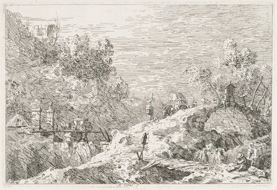 Näkymät: Vuoristomaisema ja viisi siltaa tekijältä Antonio Canaletto