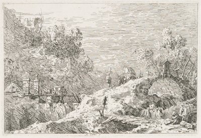 Näkymät: Vuoristomaisema ja viisi siltaa, 1735-1746. tekijältä Giovanni Antonio Canal
