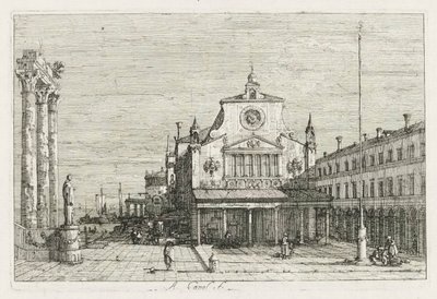 Näkymät: Kolme pylvästä ja patsas meren rannikolla tekijältä Antonio Canaletto
