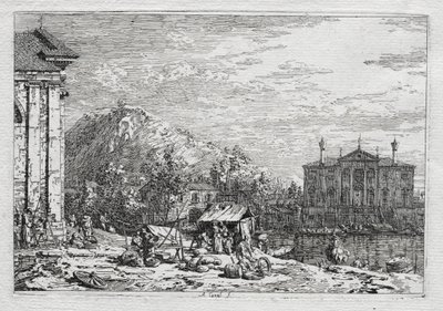 Näkymät Venetsiaan ja sen ympäristöön: Kaupunki joen takana, 1700-luku. tekijältä Giovanni Antonio Canal