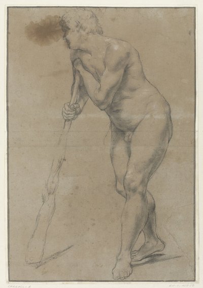 Tutkimus alastomasta miehestä, joka nojaa mailaan tekijältä Antonio Carracci