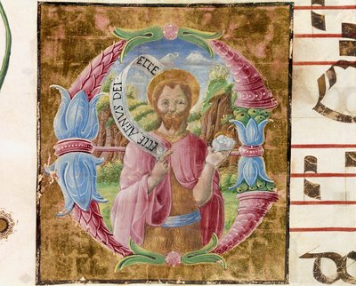 Pyhän Johannes Kastajan Lettrine valaisi Antonio Cicognari. Antifonian yksityiskohta. 1483. Cremone, kuoro 4, katedraalin luku tekijältä Antonio Cicognara