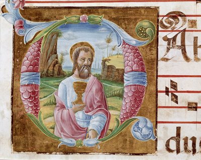 Pyhän Johannes Evankelista Lettrine valaisi Antonio Cicognari. Yksityiskohta antifonaarista. 1483. Cremone, kuoro 4, capitolo del duomo tekijältä Antonio Cicognara