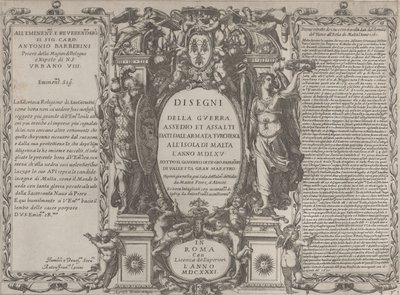Frontispiece piirustuksiin sodasta, piirityksestä ja Turkin armeijan hyökkäyksestä saarelle..., 1631. tekijältä Antonio Francesco Lucini