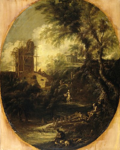 Maisema erakon, pyhiinvaeltajan ja talonpojan kanssa tekijältä Antonio Francesco Peruzzini (attributed to)