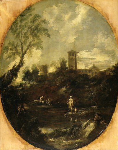 Maisema munkkien, pyhiinvaeltajien ja talonpojan kanssa tekijältä Antonio Francesco Peruzzini (attributed to)