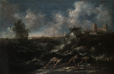 Merimaisema, jossa kalastaja vetää verkkoja ulos tekijältä Antonio Francesco Peruzzini