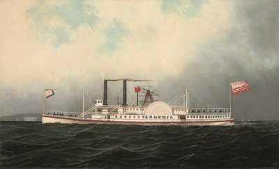 Hudson River Day Line -höyrylaiva Armenia ohittaa Fort Lafayetten New Yorkin satamassa (öljy kankaalle) tekijältä Antonio Jacobsen