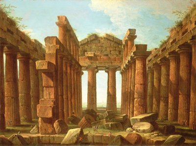 Figuurit ihailevat Neptunuksen temppeliä Paestumissa tekijältä Antonio Joli