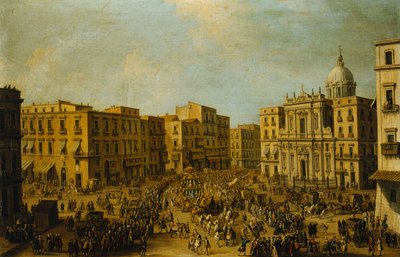 Largo San Ferdinando, Napoli, karnevaalien aikaan kuninkaallisen vaunun lähestyessä Palazzo Realea, tekijältä Antonio Joli