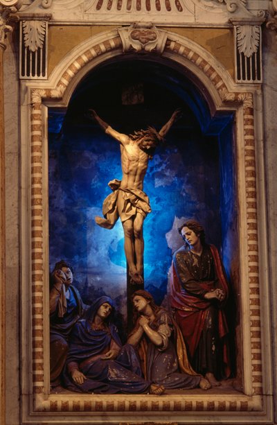 Ristiinnaulitseminen, Anton Maria Maragliano (1664-1739), Krusifiksi kappeli, Acquasantan Neitsyt Marian pyhäkkö, Acquasanta, Genova, Liguria, Italia tekijältä Antonio Maria Maragliano
