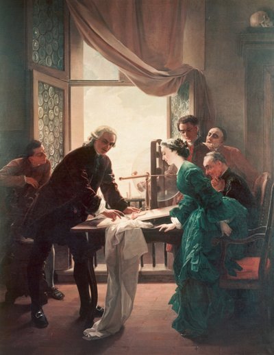 Luigi Galvani (1737-1798) teki kokeita sammakoilla vaimonsa Lucia Galeazzin avustuksella tekijältä Antonio Muzzi