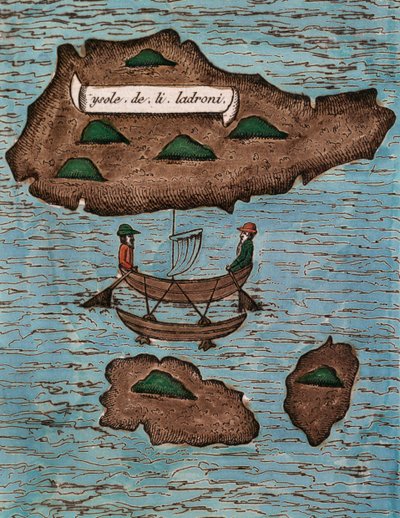 Islas de los Ladrones (nykyisin Marianasaaret), värillinen puupiirros Raportista ensimmäisestä maailmanympärimatkasta Ferdinand Magellanin kanssa tekijältä Antonio Pigafetta
