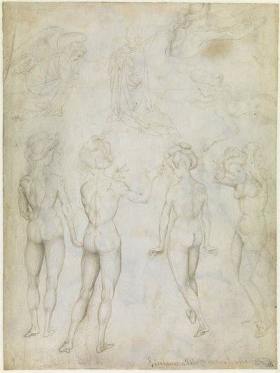 Neljä alastonkuvaa naisesta, Marian ilmestys ja kaksi uivaa naista, n.1425 (metalpoint, kynä ja lyijykynä ruskealla pergamentilla). tekijältä Antonio Pisanello