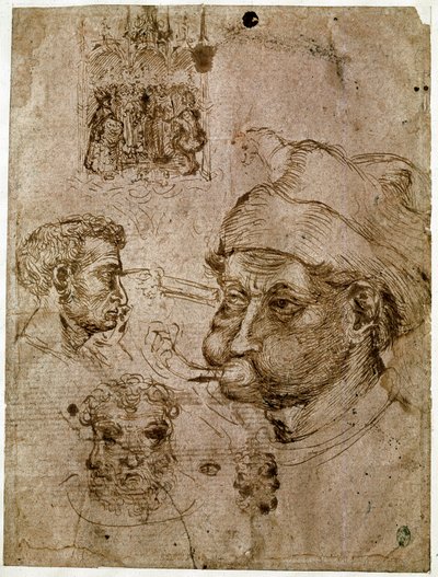 Neljä miehen päätä, joista kahdella on kolme kasvoa. Alttaritaulu. Hevonen. Piirustuksia Antonio di Puccio Pisano dit Pisanellon (1395-1455) työpajasta. Ruskea muste, kynä (piirustus), veri. Mitat: 27,1 x 20,5 cm. Louvre, Cabinet des Medailles. tekijältä Antonio Pisanello