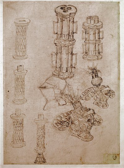 Kolme kypärää, joissa oli tulppa, ja kaksi aseiden kappaletta purettiin. Piirustus Antonio di Puccio Pisano dit Pisanello (1395-1455) Ruskea muste, musta kivi, höyhen. Mitat: 28,7 x 20,6 cm. Louvre, piirustustoimisto tekijältä Antonio Pisanello