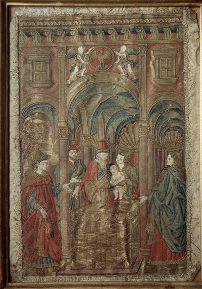 Silkki- ja kultakirjontaverhoilu Antonio Pollaiolo (Benci tai Pollaiuolo) piirustuksen mukaan (n. 1431-1498) 1466-1480 Suunnittelu- ja postimerkkikaappi, Uffizi, Firenze tekijältä Antonio Pollaiuolo