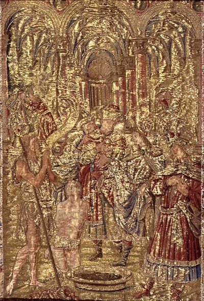 Ipinahayag ni San Juan Bautista ang Misyon ni Kristo sa mga Pariseo, tapiserya na naglalarawan ng mga eksena mula sa buhay ng santo (textile)finn tekijältä Antonio Pollaiuolo